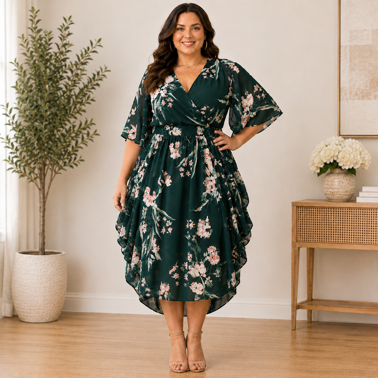 City Chic Floral Faux Wrap Dress Xl Dark Green Pink Floral Side Drape